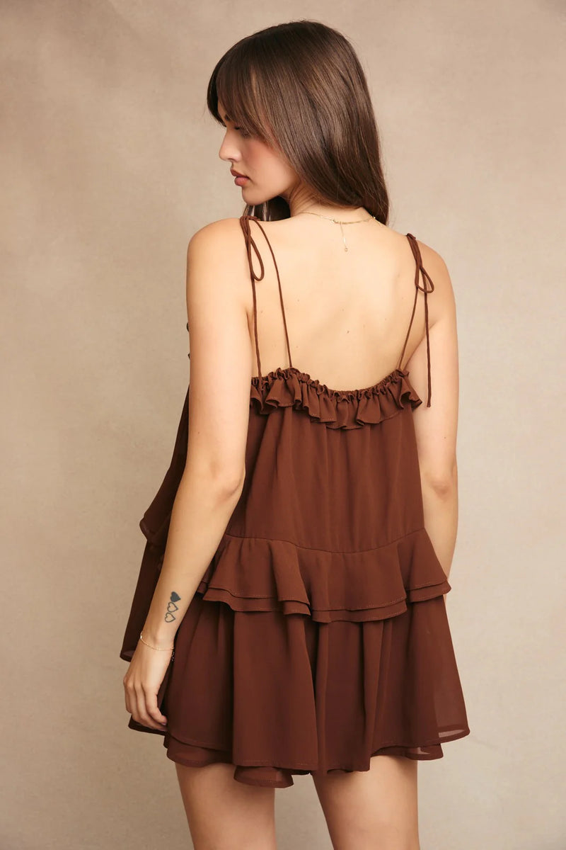 Ruffle Detail Shoulder Tie Flare Romper