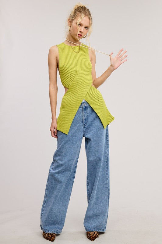 Criss-cross Waist Wrap Cut-out Sweater Top- Lime