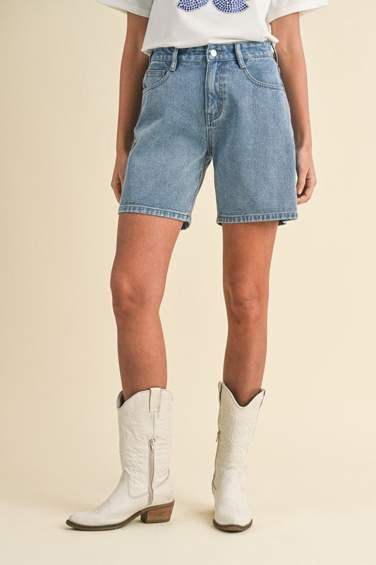 Stretch High Waist Bermuda Denim Mom Shorts