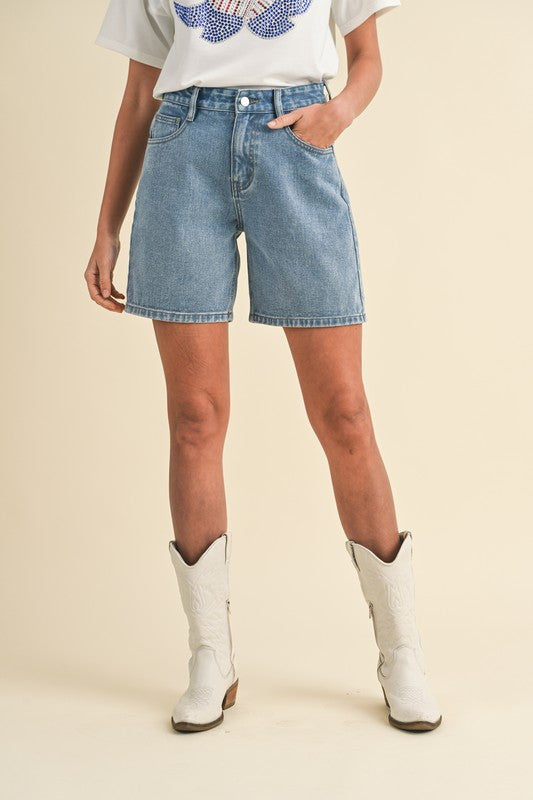 Stretch High Waist Bermuda Denim Mom Shorts