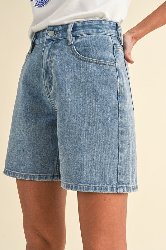 Stretch High Waist Bermuda Denim Mom Shorts