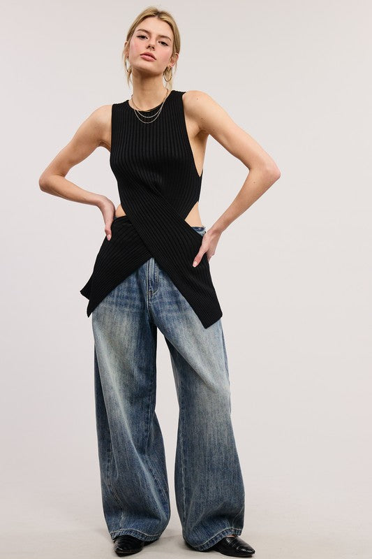 Criss-cross Waist Wrap Cut-out Sweater Top- Black