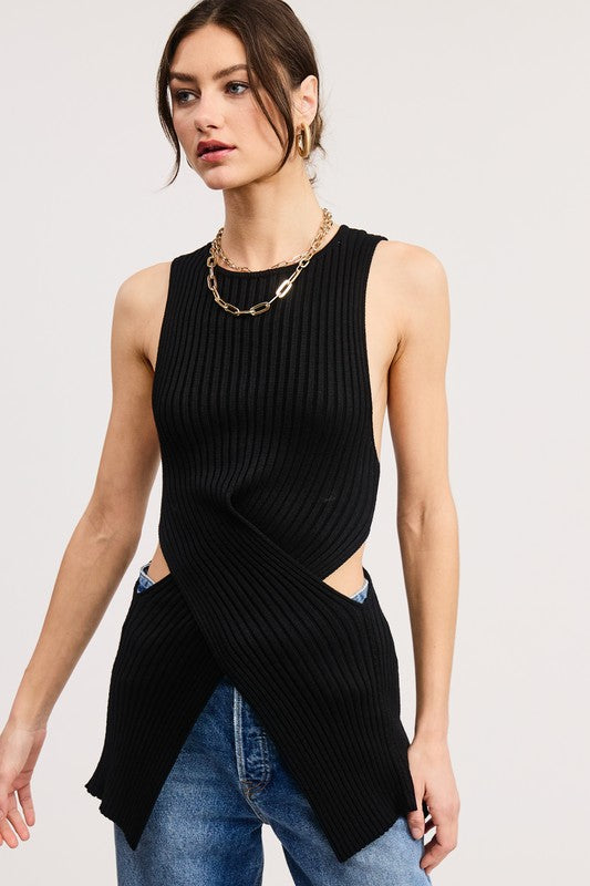 Criss-cross Waist Wrap Cut-out Sweater Top- Black
