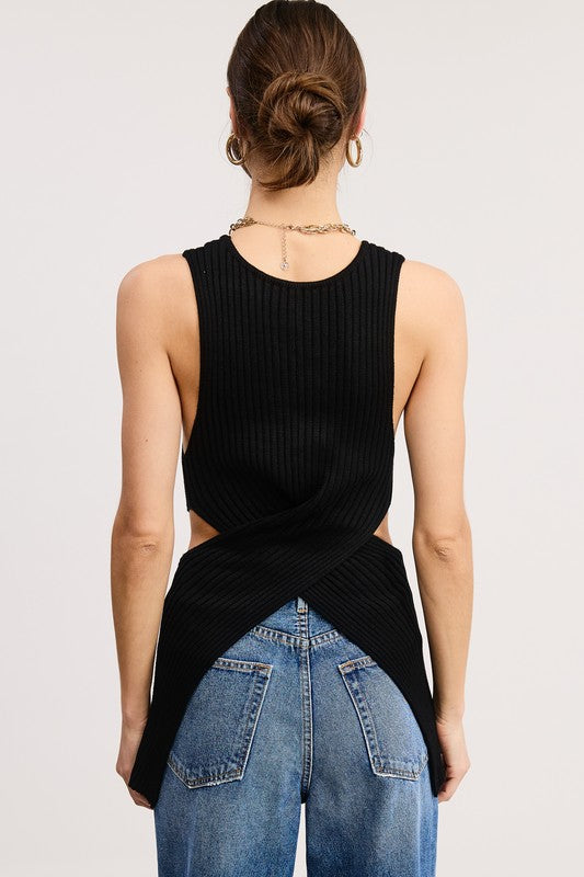 Criss-cross Waist Wrap Cut-out Sweater Top- Black