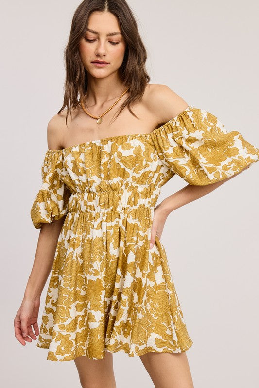 Floral Print Linen Mini Dress With Puff Sleeves