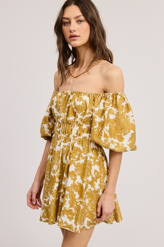 Floral Print Linen Mini Dress With Puff Sleeves