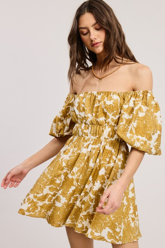 Floral Print Linen Mini Dress With Puff Sleeves
