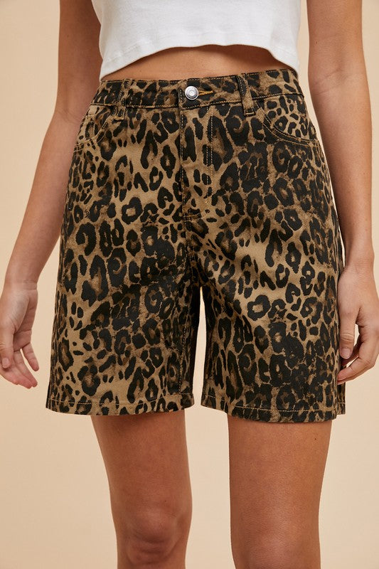 Stretch Leopard Print Bermuda Denim Mom Shorts