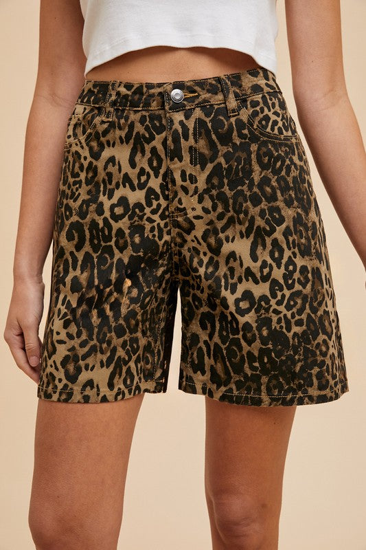 Stretch Leopard Print Bermuda Denim Mom Shorts