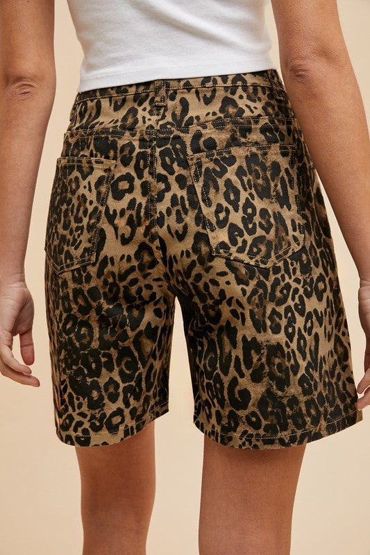 Stretch Leopard Print Bermuda Denim Mom Shorts
