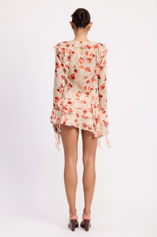Monet Layered Ruffle Mini Skirt In Sheer Floral Print