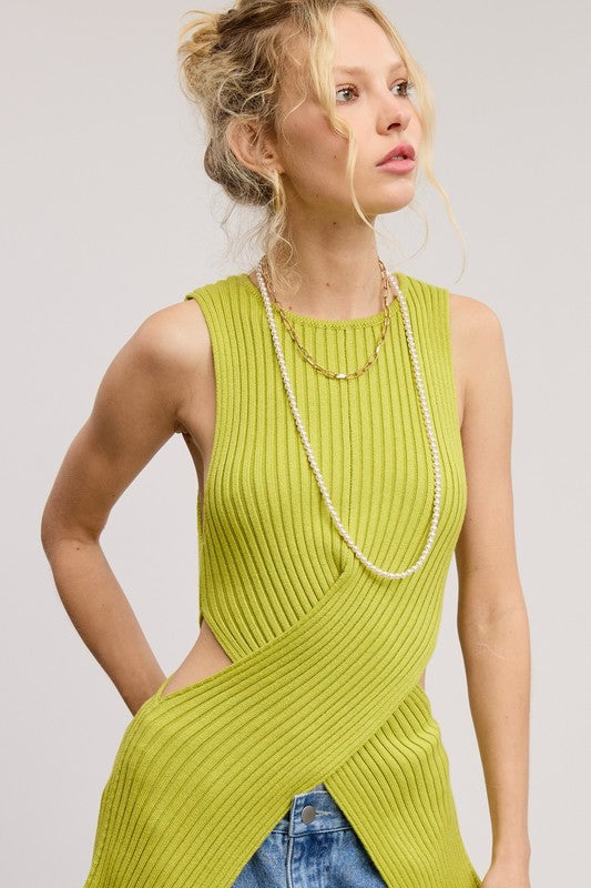 Criss-cross Waist Wrap Cut-out Sweater Top- Lime