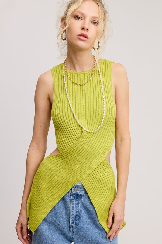 Criss-cross Waist Wrap Cut-out Sweater Top- Lime