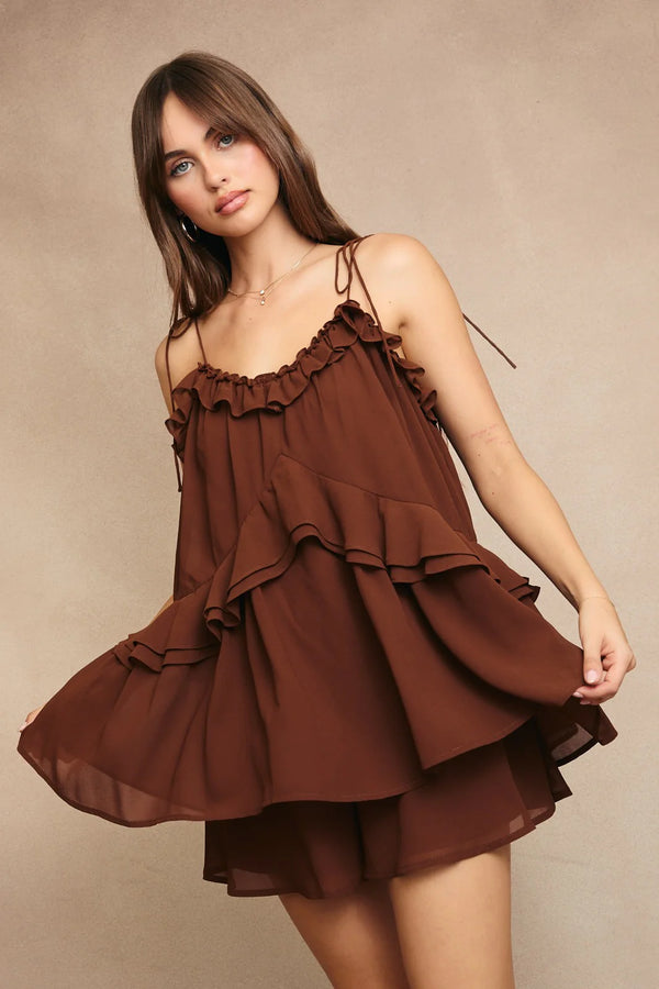 Ruffle Detail Shoulder Tie Flare Romper