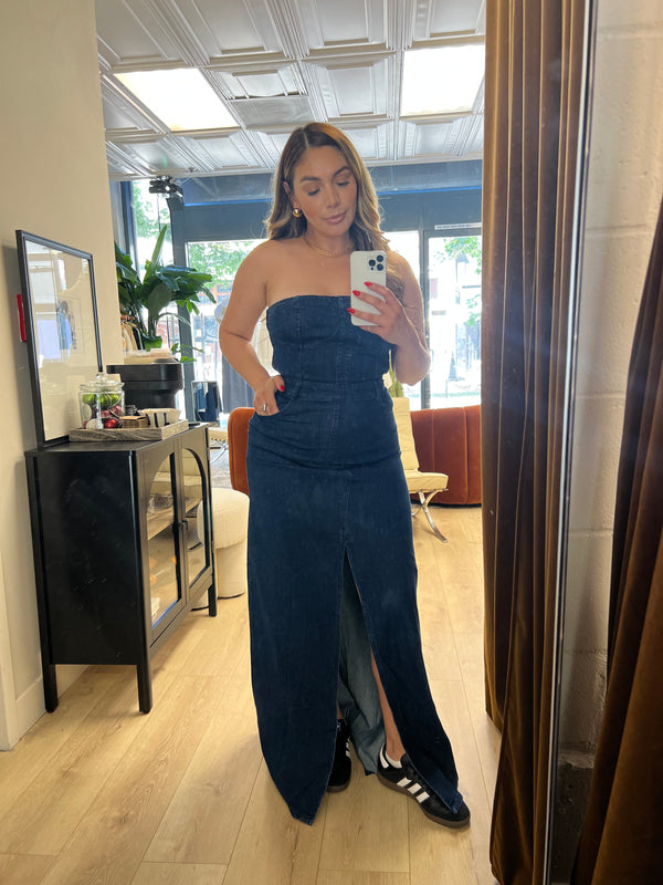 STRAPLESS DENIM MAXI DRESS