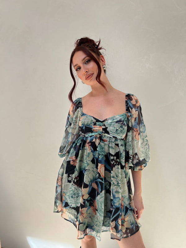 Floral Sweetheart Neck Chiffon Babydoll Dress