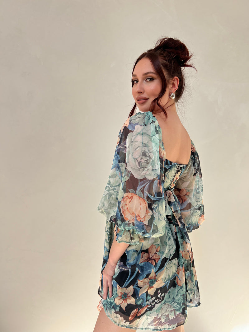Floral Sweetheart Neck Chiffon Babydoll Dress Floral Sweetheart Neck Chiffon Babydoll Dress