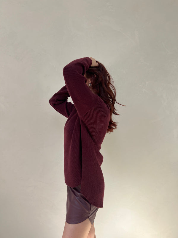 High-Low Dual Side-Slit Knit Sweater Top - Wine