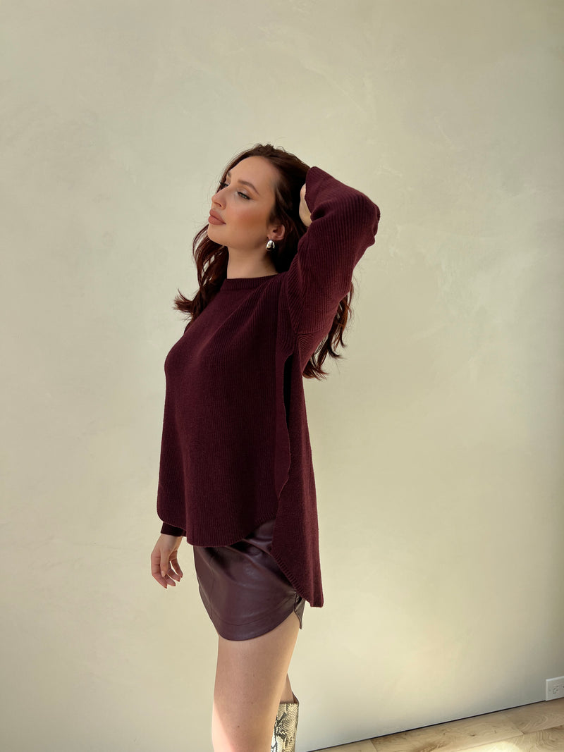 High-Low Dual Side-Slit Knit Sweater Top - Wine