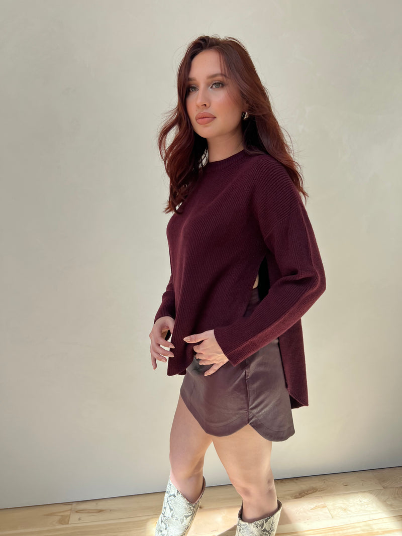 High-Low Dual Side-Slit Knit Sweater Top - Wine