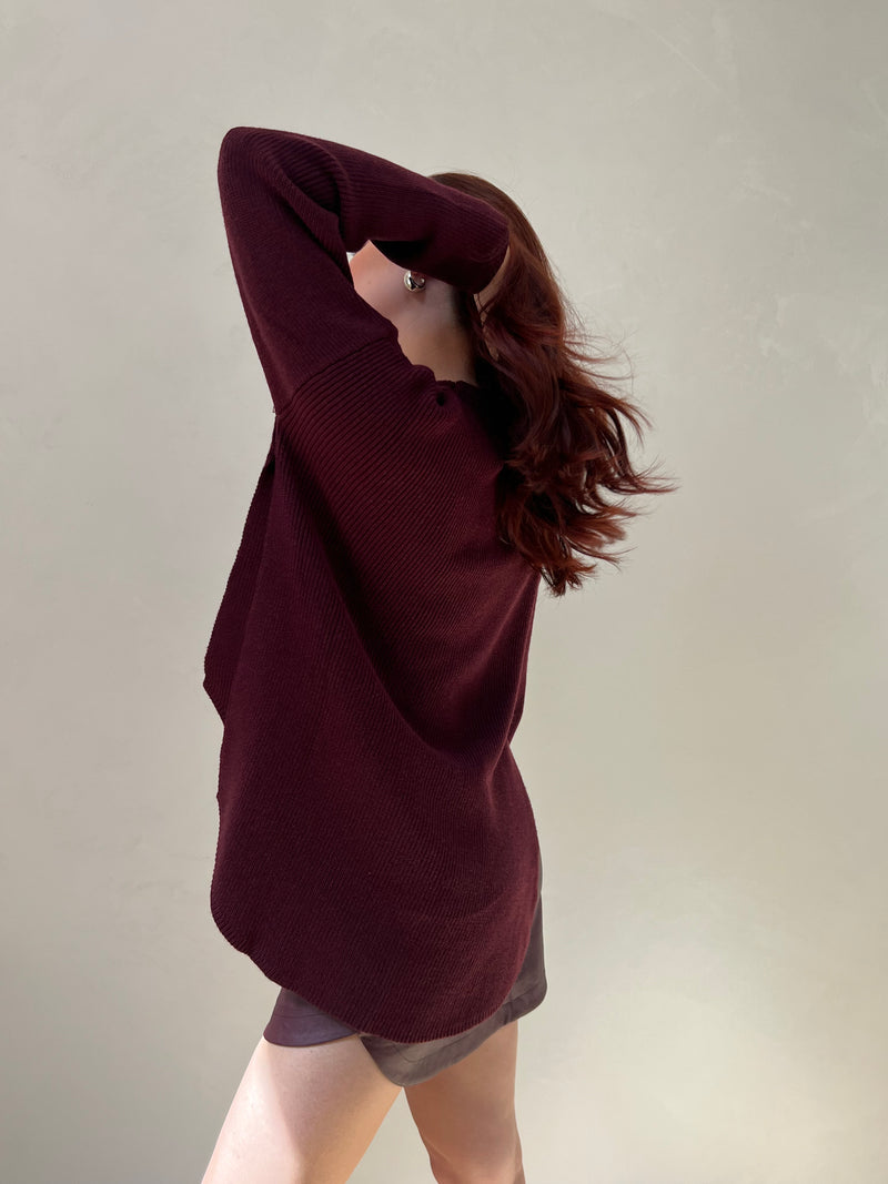 High-Low Dual Side-Slit Knit Sweater Top - Wine