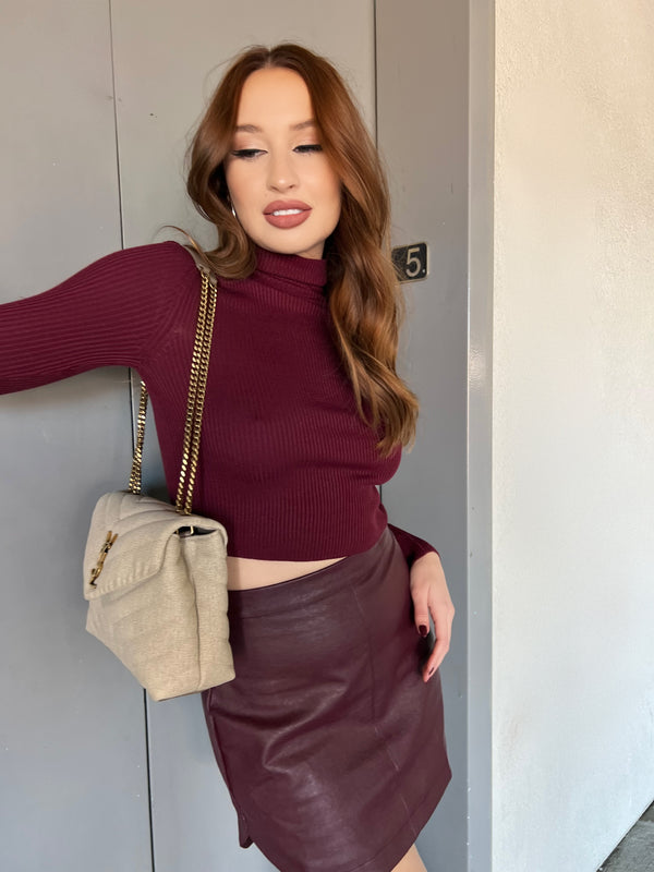 Wine Curved Faux Leather Mini Skirt