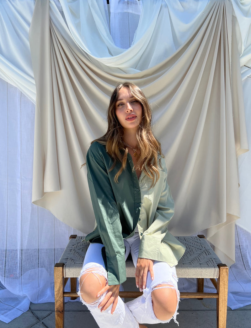 Olive Color Blocked Oversized Button Up