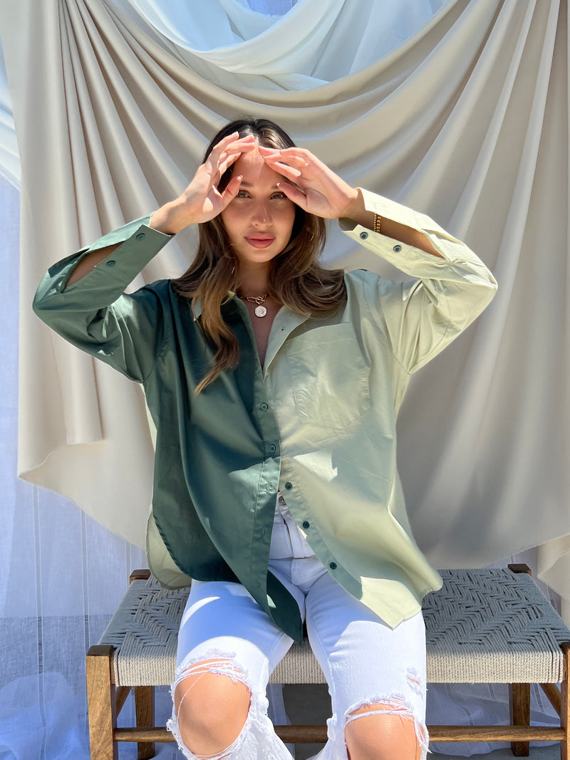 Olive Color Blocked Oversized Button Up